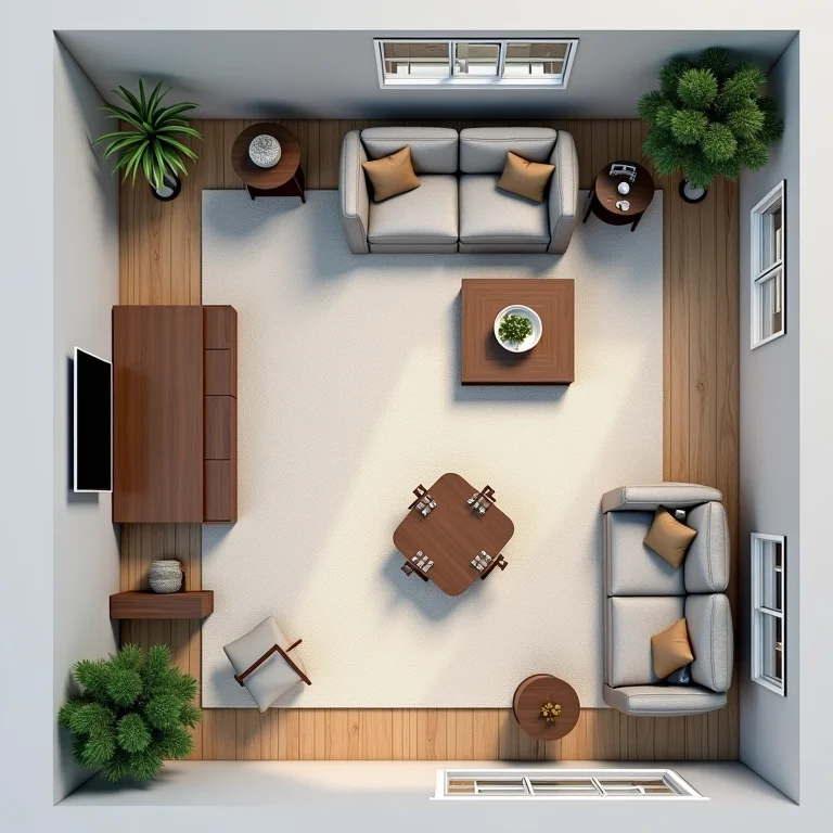 Planta baixa de uma sala com opções de posicionamento de móveis para criar um layout inteligente.