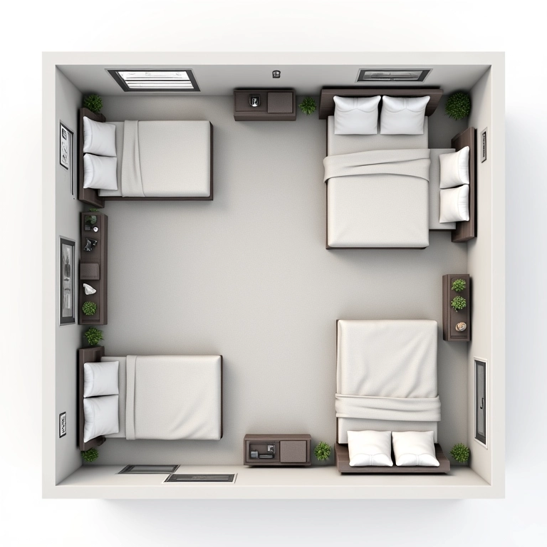 Planta de quarto com diferentes tamanhos de cama (solteiro, casal, queen, king).