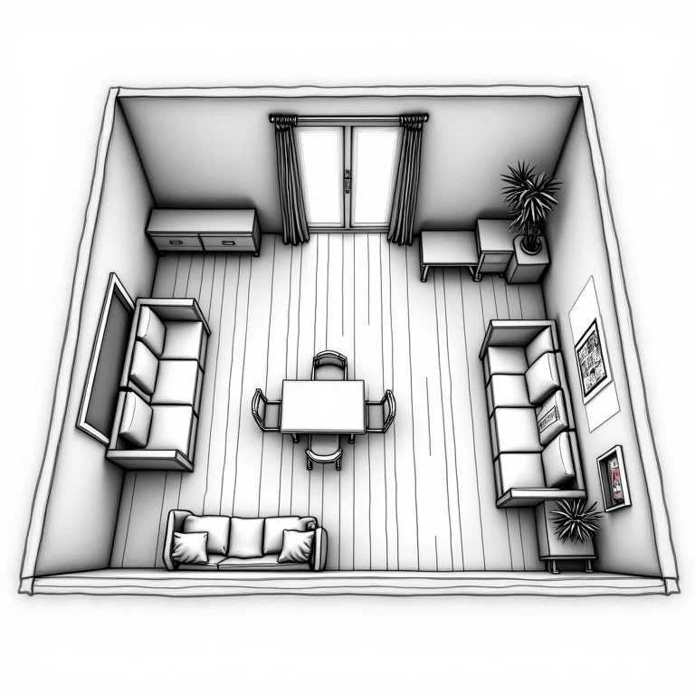 Planta de um apartamento studio mal planejado com móveis desproporcionais.
