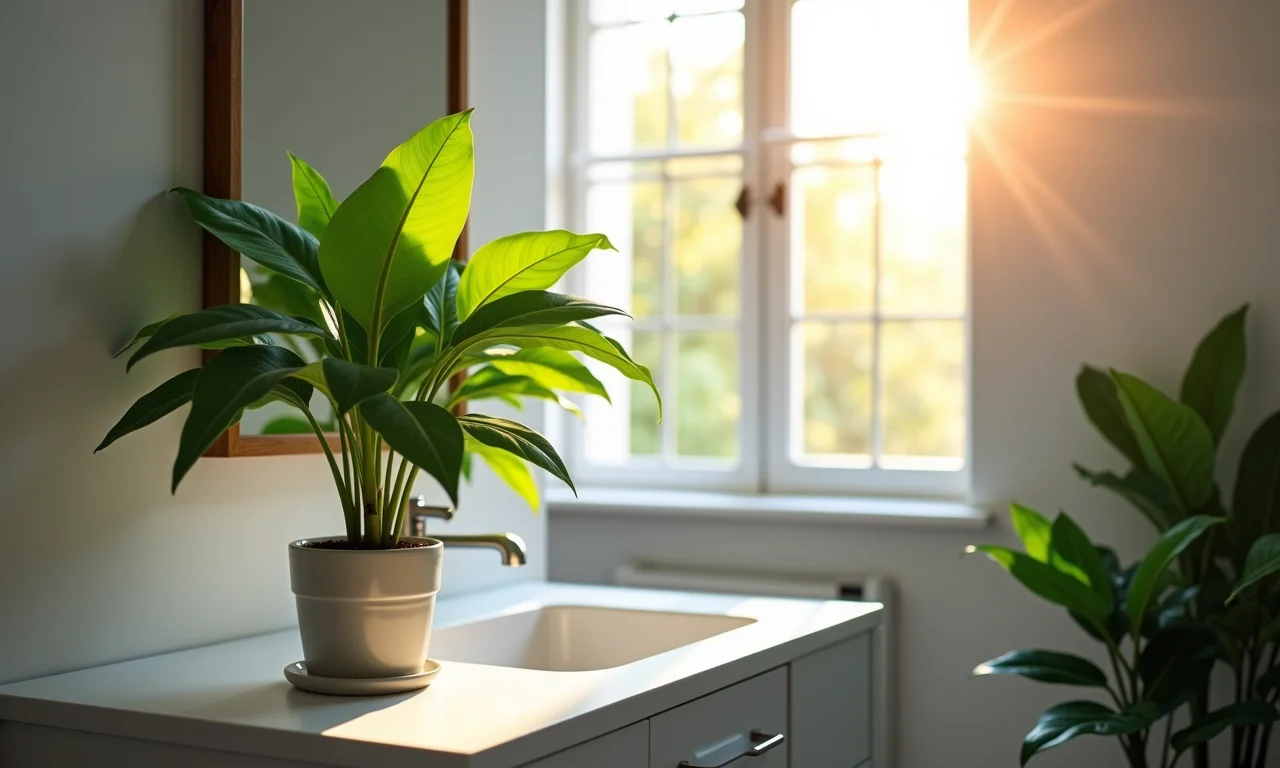 Planta no lavabo recebendo luz solar pela janela.