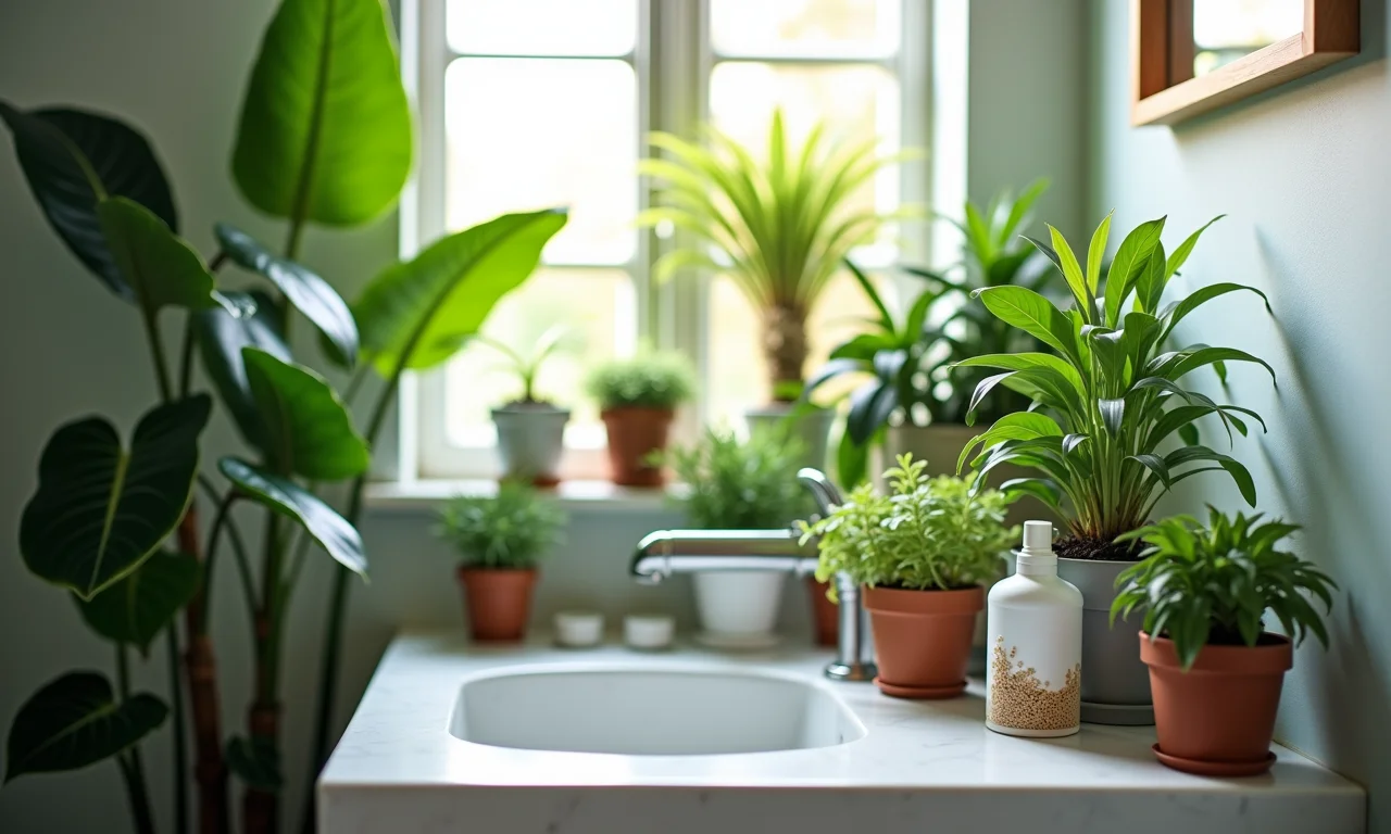 Plantas de lavabo com frascos de fertilizante próximos.