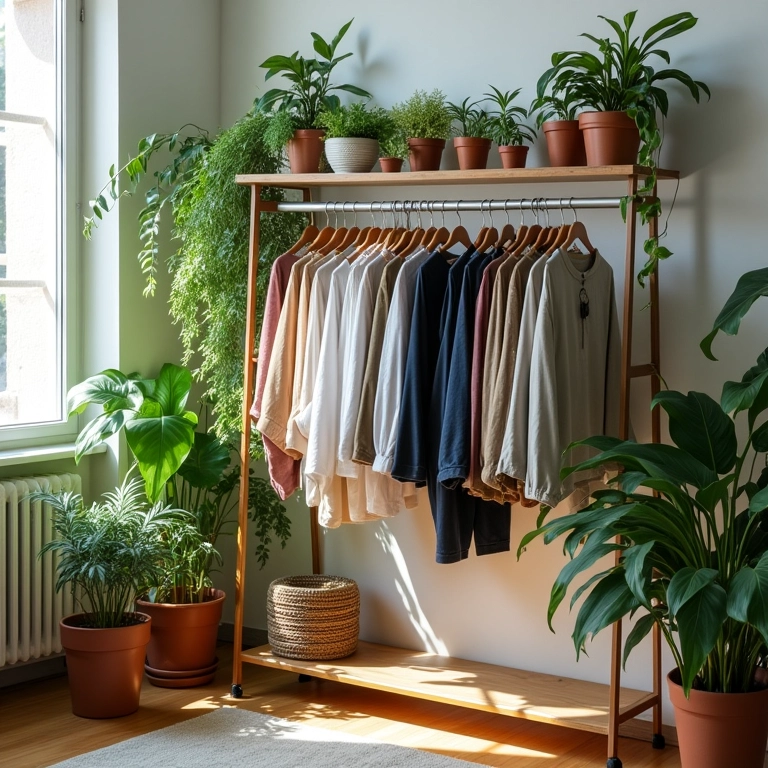 Plantas decorando arara de roupas em quarto arejado.