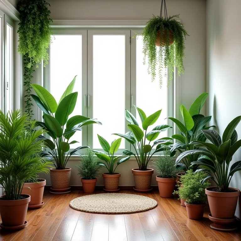 Plantas diversas em sala boho com luz natural