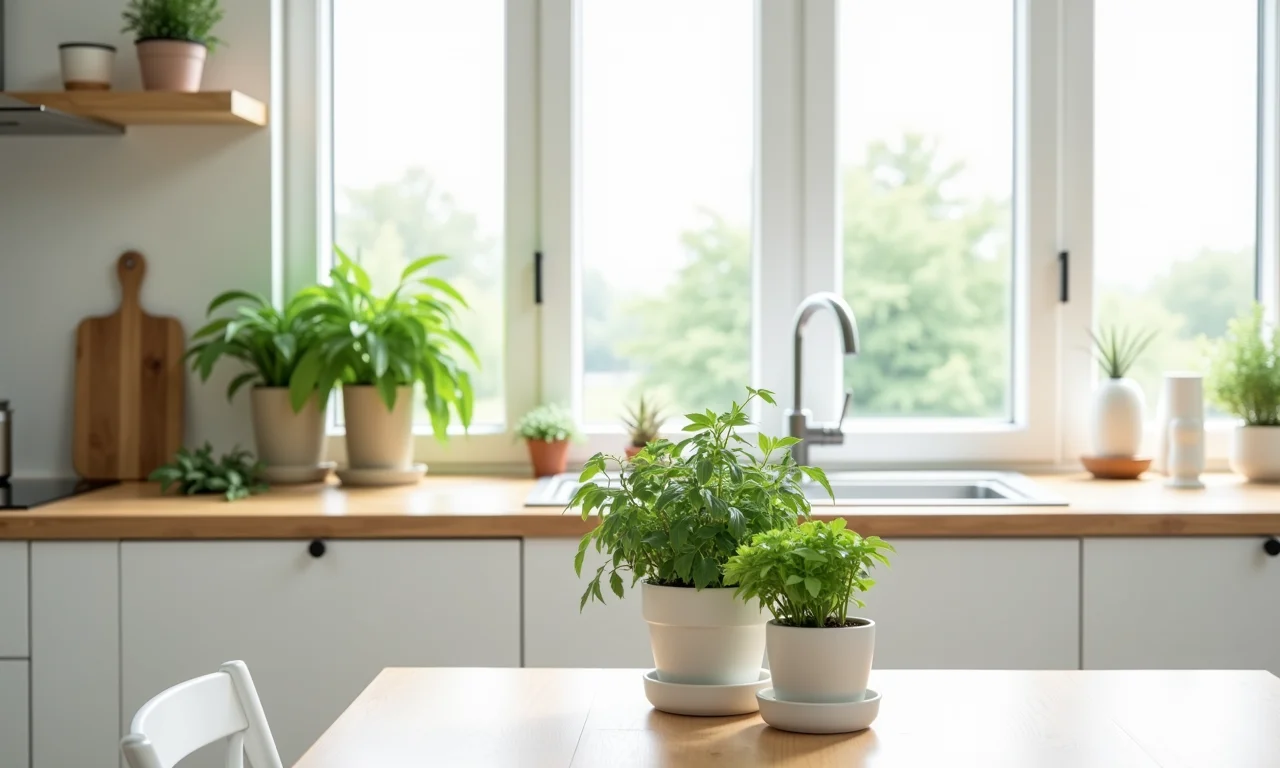 Plantas e ervas aromáticas em uma cozinha escandinava, trazendo vida ao ambiente.