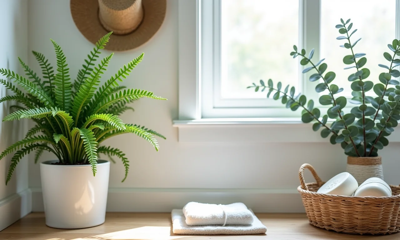 Plantas e flores trazem vida e frescor ao banheiro farmhouse.