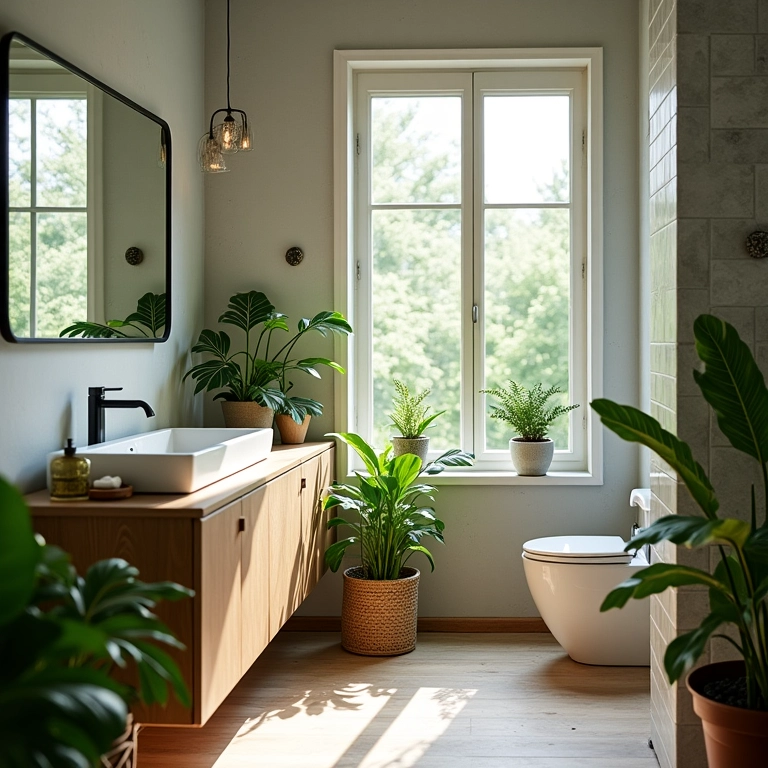 Plantas em banheiro rústico com cimento queimado.