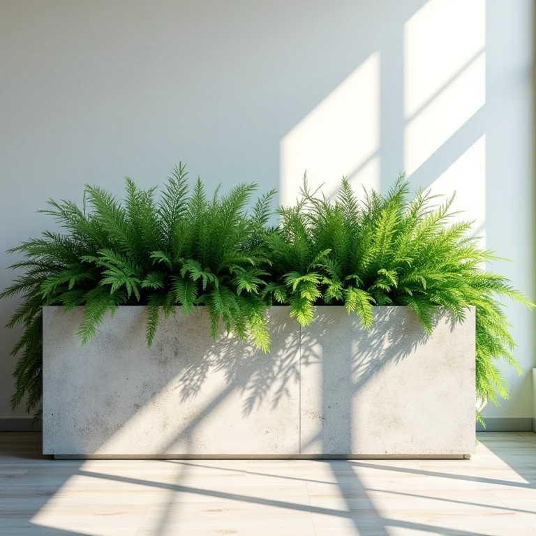 Plantas exuberantes em vasos de concreto, trazendo vida ao espaço.