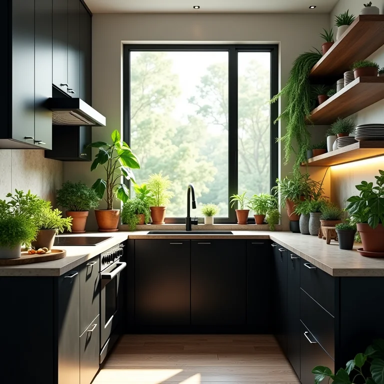 Plantas na cozinha com armários pretos: vida e frescor.