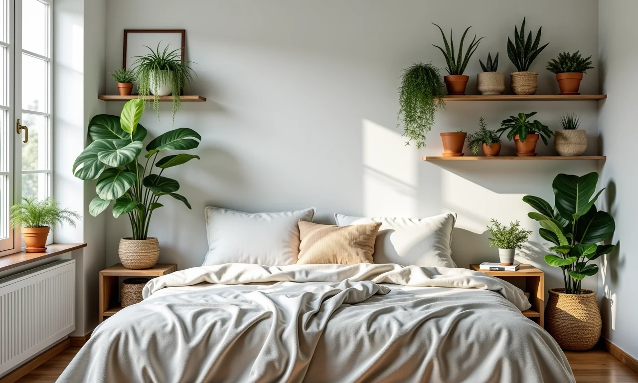 Plantas na decoração de quarto boho chic: prateleiras, vasos suspensos e mesas de cabeceira.