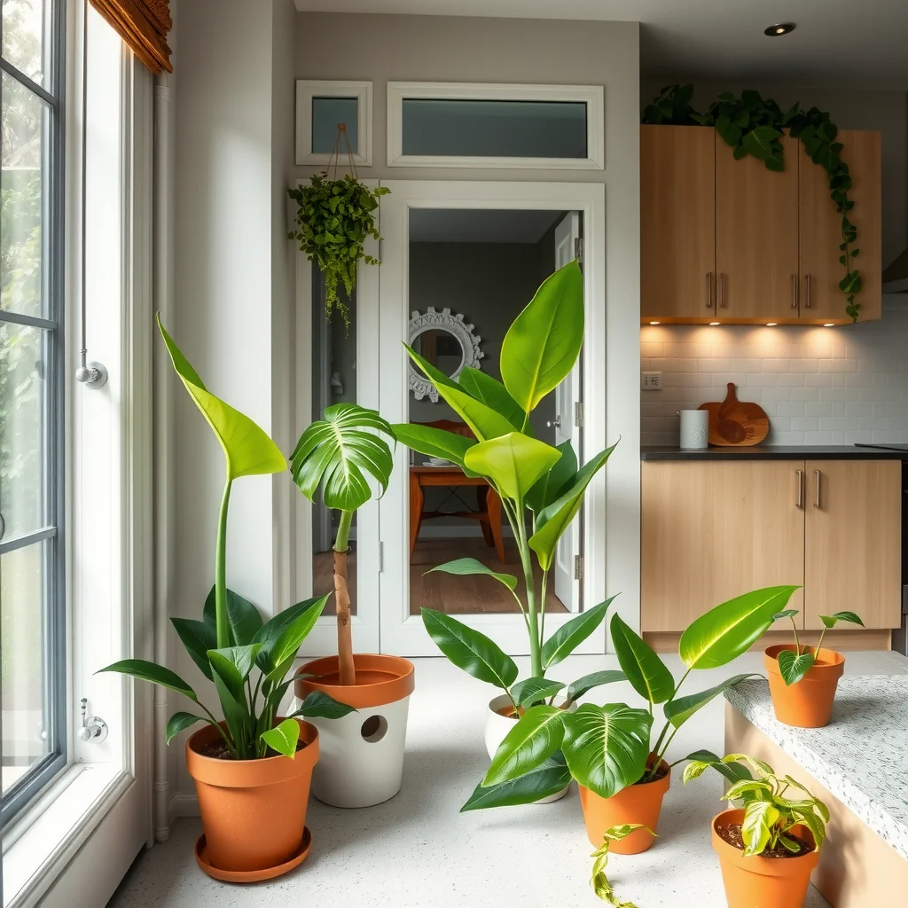 Plantas perto da porta de vidro na cozinha.