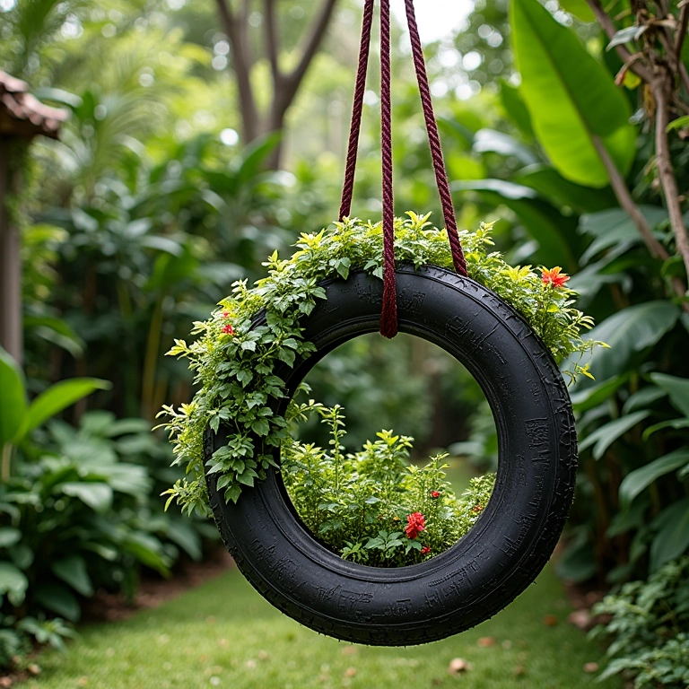 Pneus usados transformados em balanços e jardins verticais.