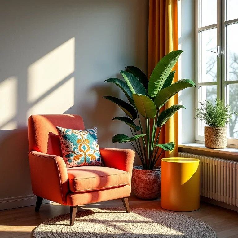 Poltrona colorida com almofadas estampadas em sala boho vibrante