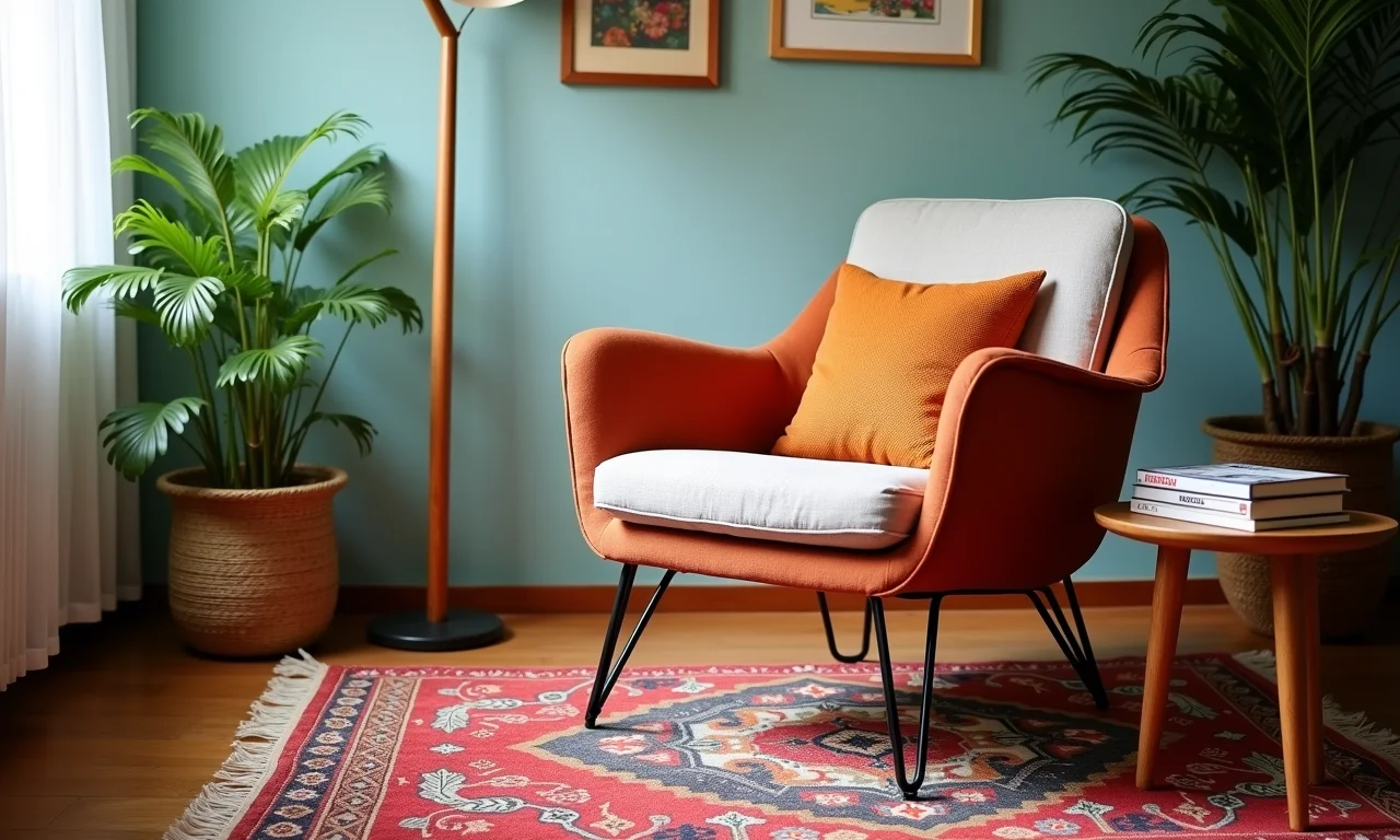 Poltrona mid-century com tapete vintage e almofadas coloridas.