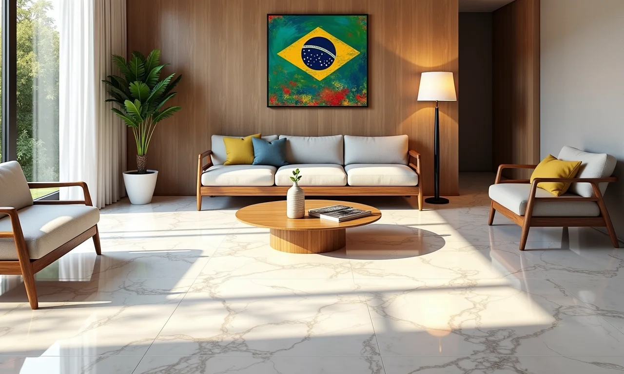 Porcelanato marmorizado combinado com madeira e obras de arte brasileiras.