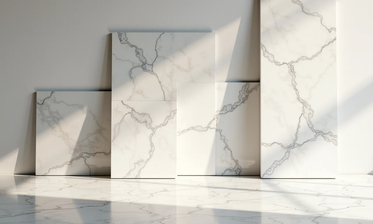 Porcelanatos marmorizados em diferentes tamanhos e formatos.