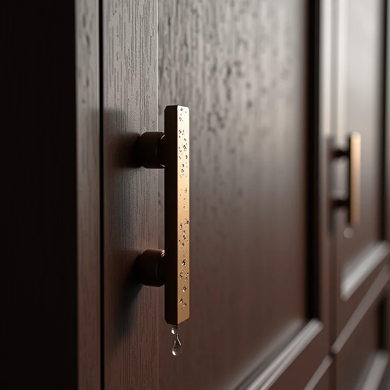 Porta de armário Berneck com gotas de água escorrendo, demonstrando sua resistência à umidade.