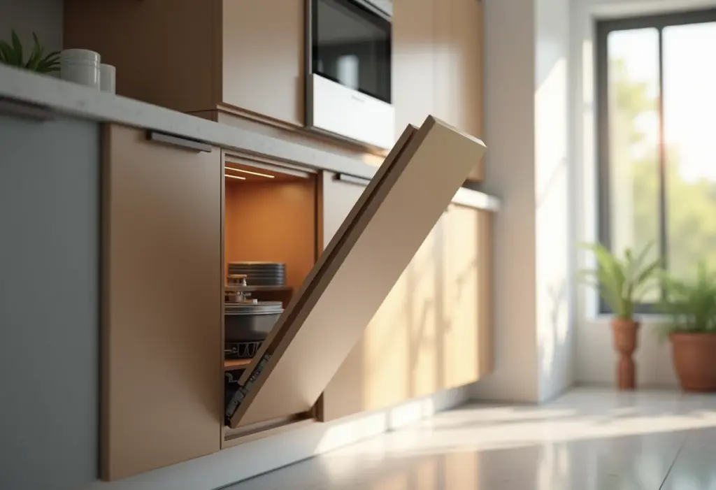 Porta de armário de cozinha abrindo suavemente com pistão a gás