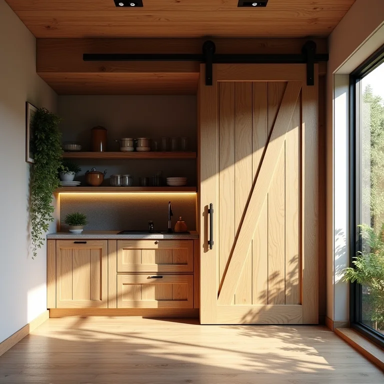 Porta de correr de madeira em cozinha rústico-moderna.