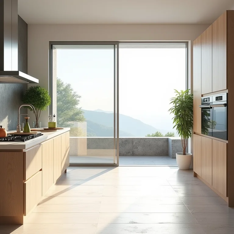 Porta de correr de vidro em cozinha moderna.