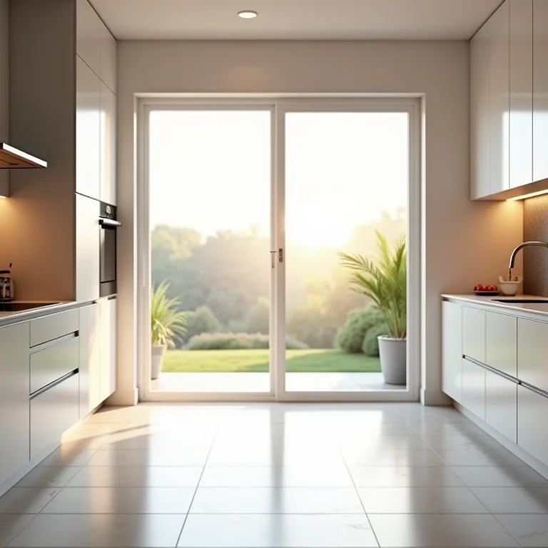 Porta de correr de vidro em cozinha planejada