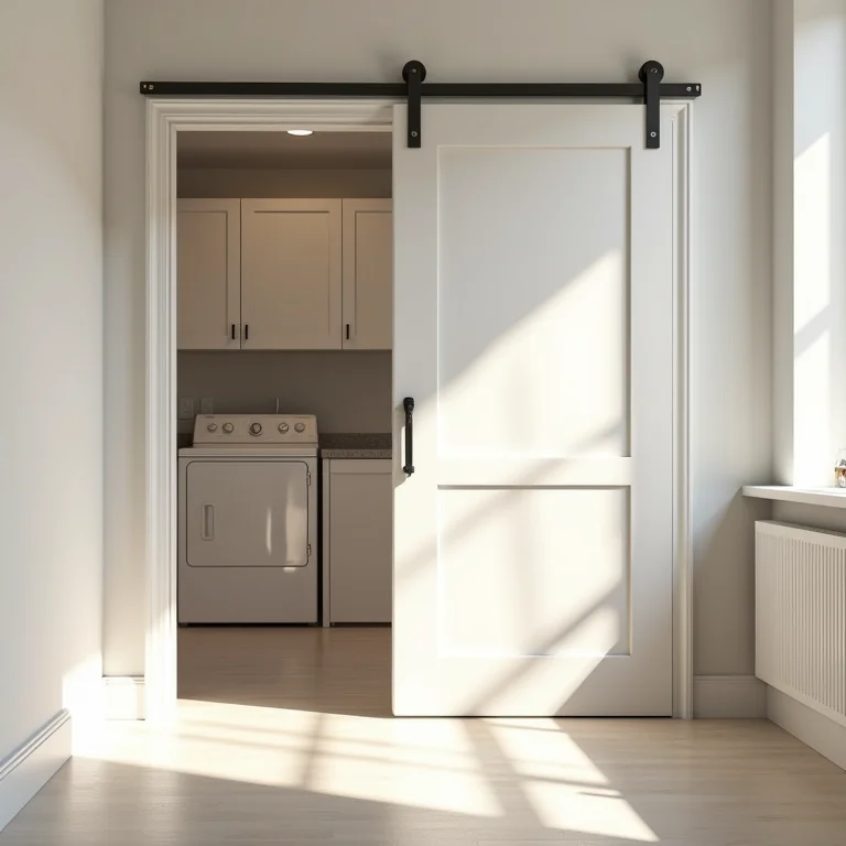 Porta de correr otimizando o espaço de entrada na lavanderia.