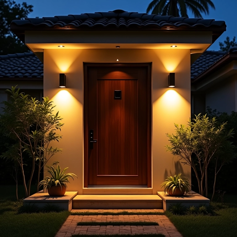 Porta de entrada bem iluminada à noite com luminárias externas.