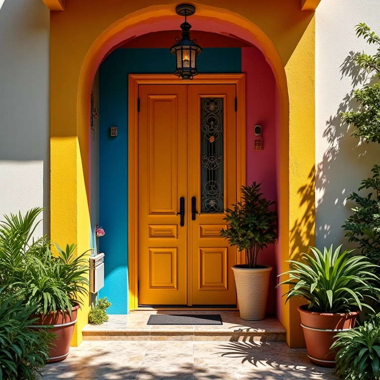 Porta de entrada colorida com detalhes decorativos, criando uma entrada convidativa.