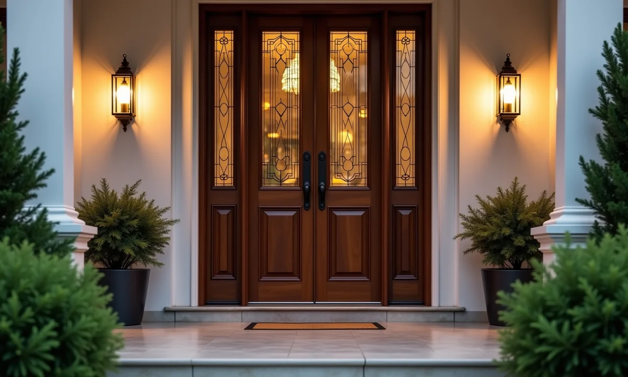 Porta de entrada com arandelas elegantes e luz acolhedora.
