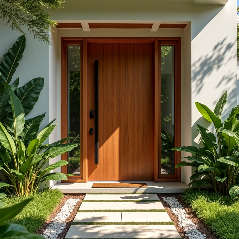 Porta de entrada de madeira moderna com plantas vibrantes e iluminação natural, estilo Farm Rio.