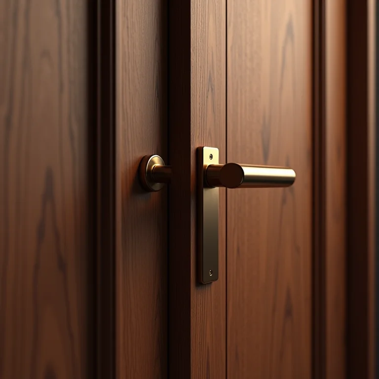 Porta de madeira maciça com puxador de barra vertical longo.