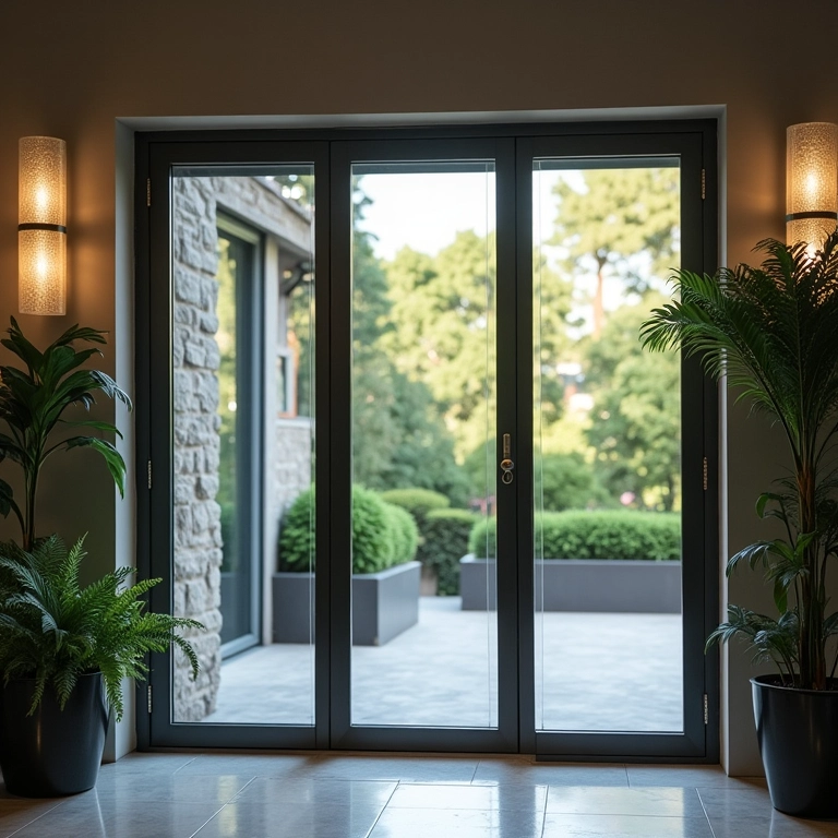 Porta de vidro com película de segurança e estrutura reforçada.