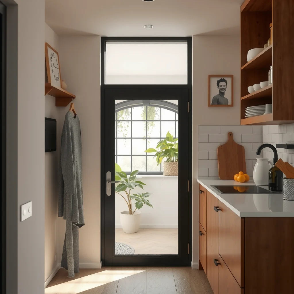 Porta de vidro em cozinha pequena.