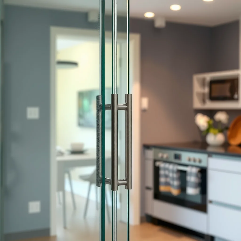 Porta de vidro protegendo contra odores e ruídos na cozinha.