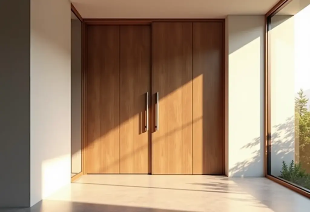 Porta pivotante de madeira com puxador de barra vertical em casa moderna.