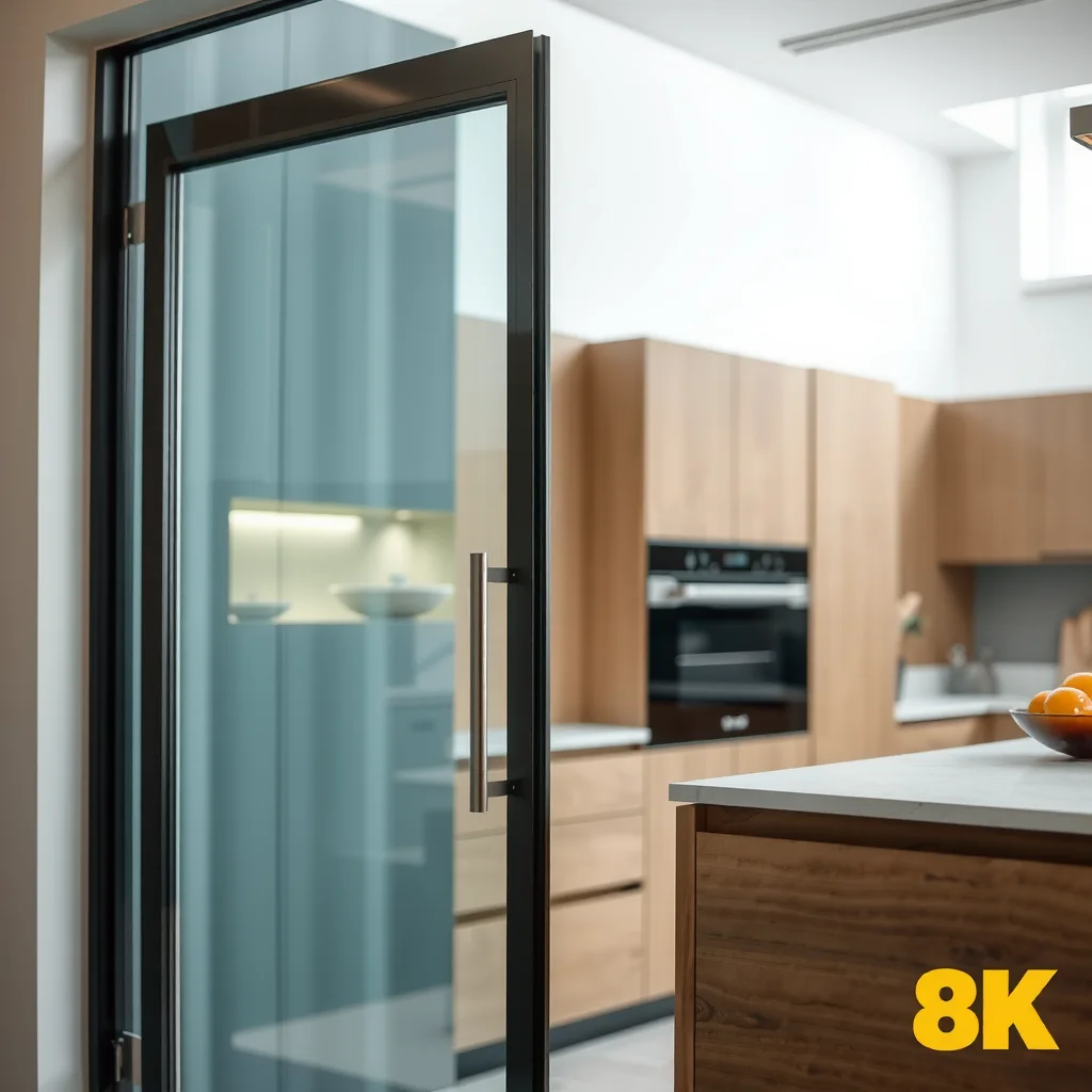 Porta pivotante de vidro na cozinha.