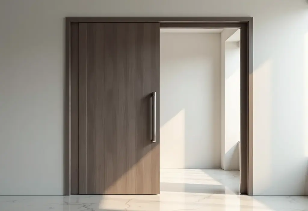 Porta pivotante moderna com puxador de aço inox em destaque.