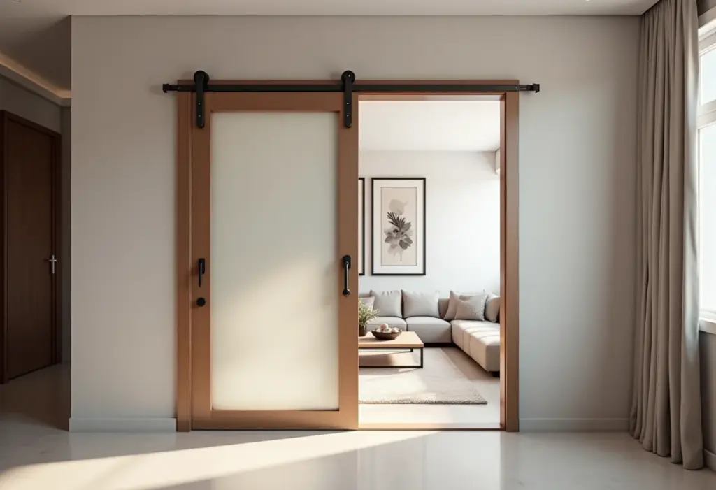 Porta pivotante moderna com puxador elegante em sala de estar iluminada