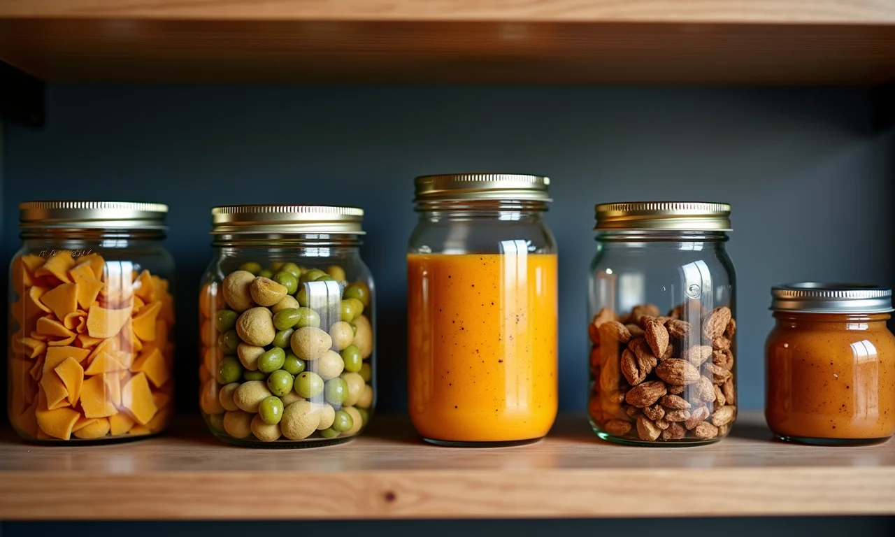 Potes de diferentes tamanhos organizados em uma prateleira de despensa.