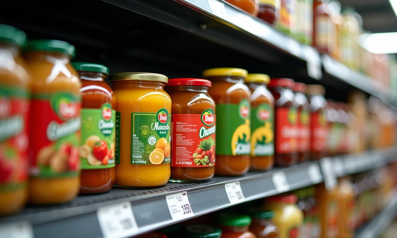 Potes de diversas marcas expostos em uma prateleira de supermercado.
