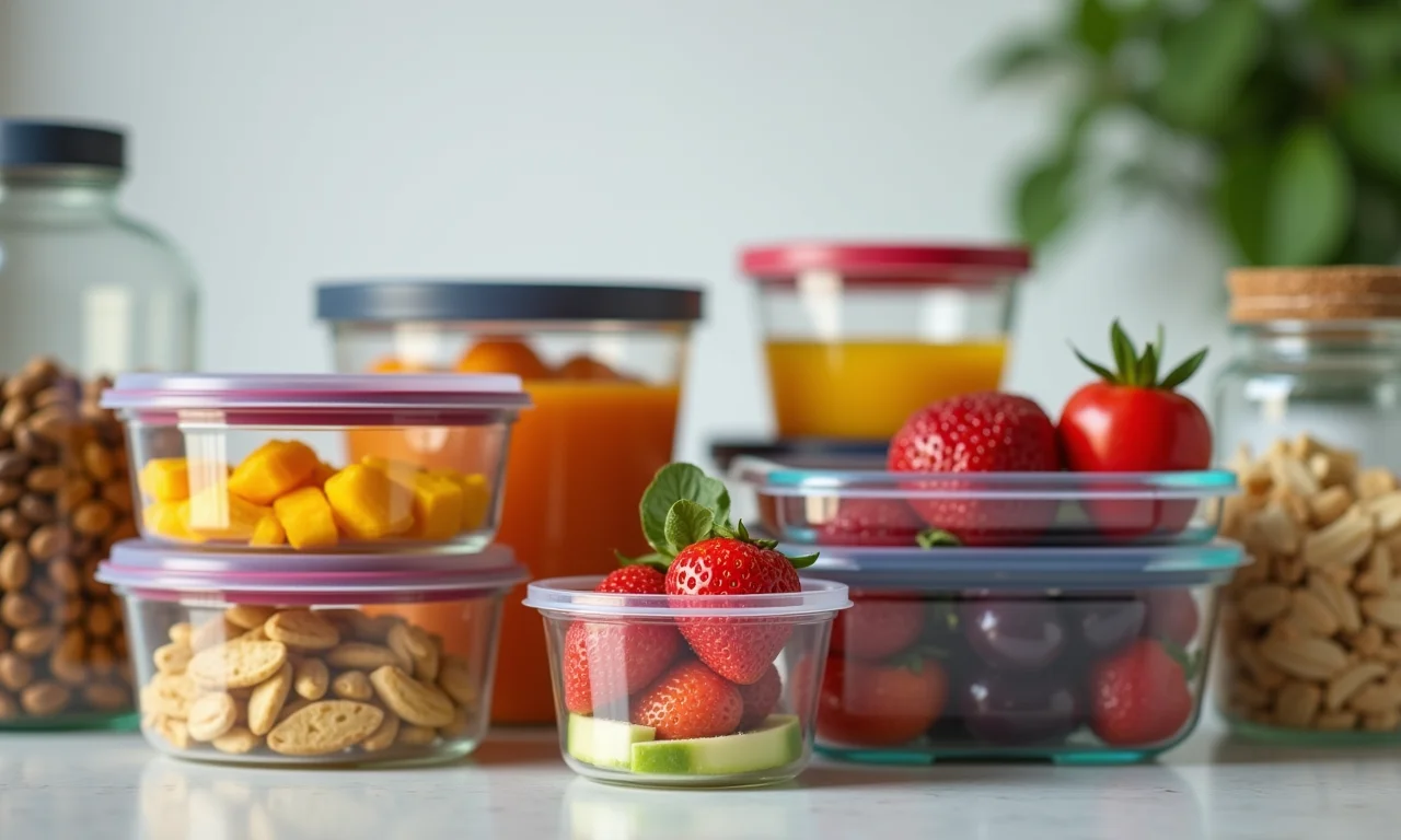 Potes de vidro, plástico e inox com alimentos variados.