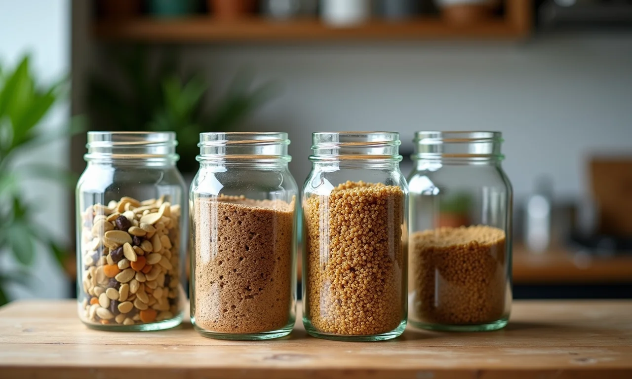 Potes de vidro reciclados sendo reutilizados para armazenar alimentos na despensa.