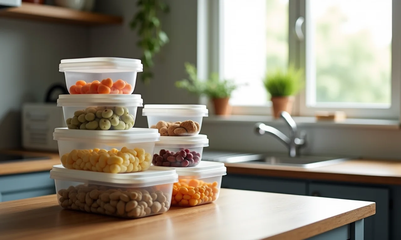 Potes empilháveis organizados em cozinha pequena.