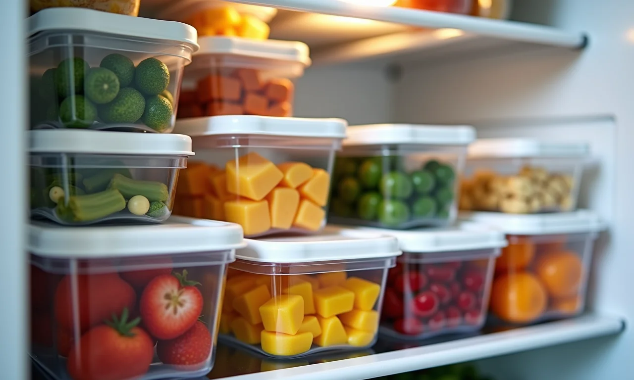 Potes organizados dentro da geladeira.