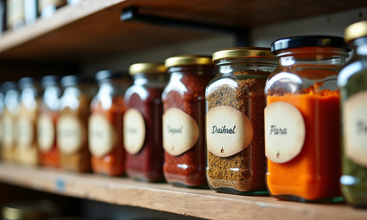 Potes organizados dentro de uma despensa, exibindo variedade de alimentos.