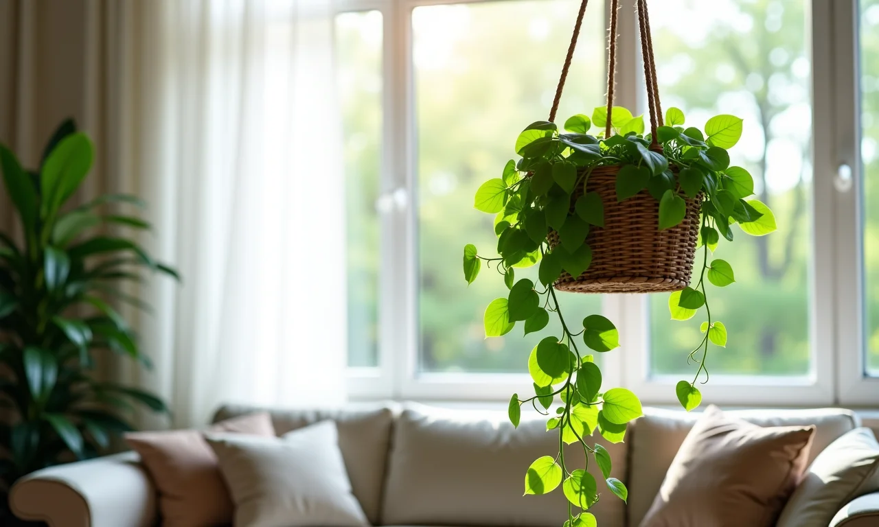 Pothos exuberante caindo de um cesto suspenso na sala.