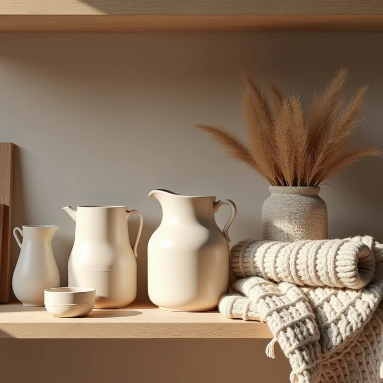 Prateleira com cerâmica artesanal e itens de tricô.