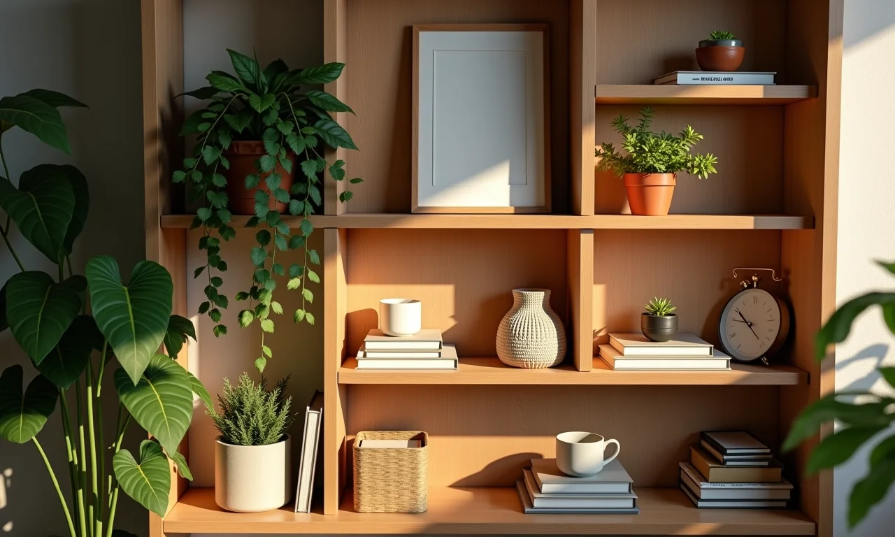 Prateleira com objetos de decoração, livros e plantas.