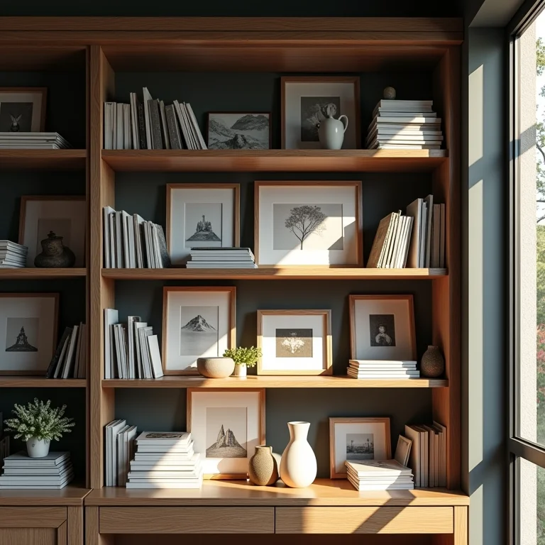 Prateleira com objetos decorativos sobrepostos.