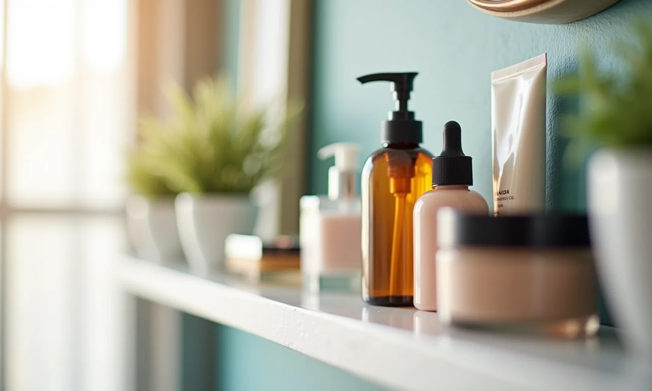 Prateleira de banheiro com cosméticos favoritos organizados.