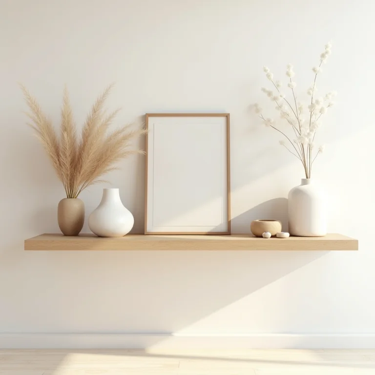 Prateleira minimalista com decoração boho bem selecionada